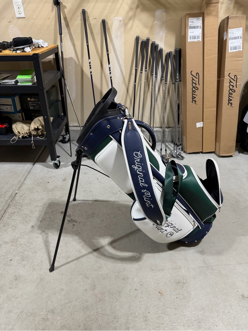 Malbon Golf Buckets Club Stand Bag Green Navy White + Rain Cover